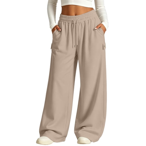 HAPIMO Drawstring Small Pocket Wide Leg Lounge Cargo Pants Women High Waist Casual Pants for Streetwear Beige L