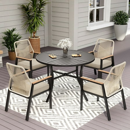 MF Studio 5-Piece Outdoor Dining Set, 4 Cushioned Rattan Chairs and Round Table with Umbrella Hole, Black and Beige
