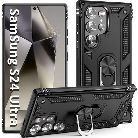 Case for S24 Ultra Phone Case Samsung Galaxy S24 Ultra Case, Military Grade, Heavy Duty, with Ring Holder Stand, Support Magnet Car Mount for Samsung Galaxy S24 Ultra Case Black