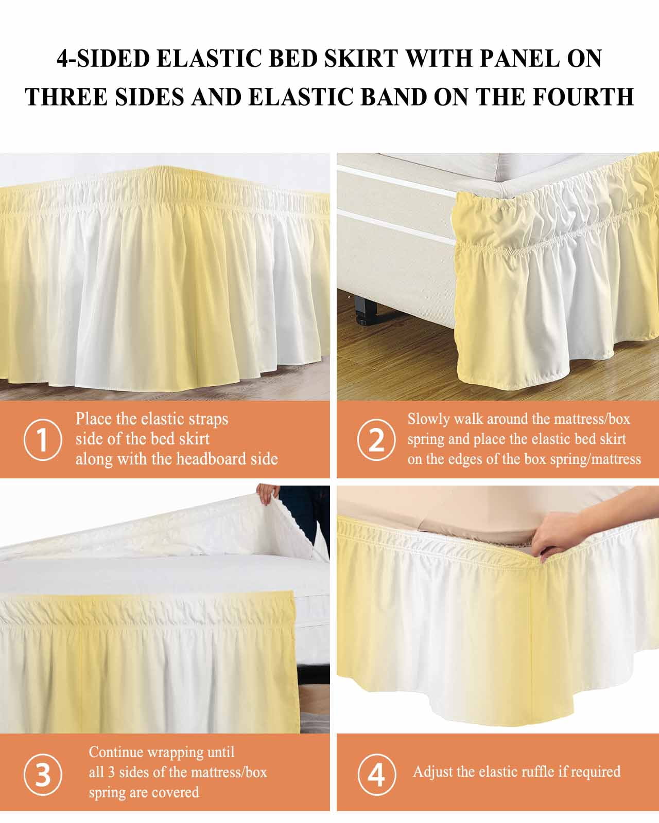 Ombre Ruffle Bed Skirt Queen Size Lemon Yellow and White Gradient Adjustable Elastic Dust Bed Skirts Wrap Around Bedskirt Wrinkle Free Easy Fit with 16 Inch Drop
