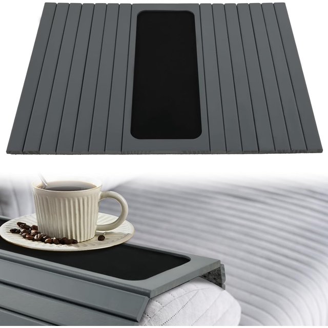 YISITIAN Sofa Arm Tray, Wood Sofa Armrest Tray Table, Anti-Slip Couch Arm Tray, 16.97×13.38 inch Foldable Arm Rest Side Table, Suitable for Food Drinks Snacks Cup Remote Phone (Gray) CJ919-73595