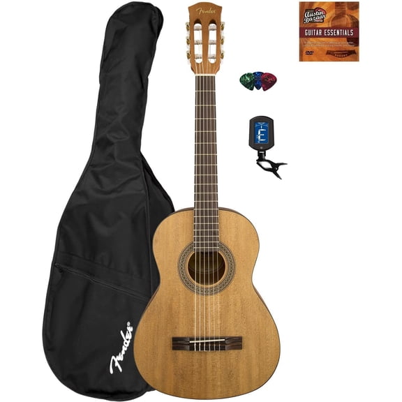Fender FA-15N 3/4-Size Kids Classical Guitar - Natural Learn-to-Play Bundle with Gig Bag, Tuner, and Austin Bazaar Instructional DVD