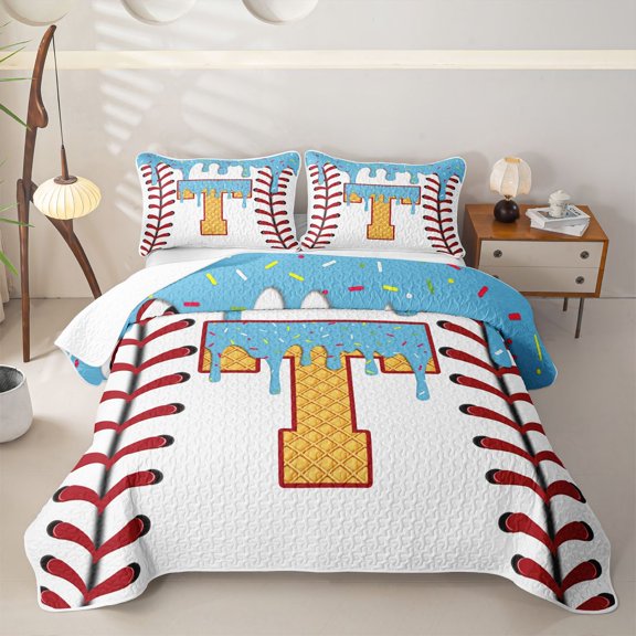 Erosebridal Ball Monogrammed T Twin Quilt Set for Boys Girls, Cartoon Ice Cream Drip Twin Coverlet Set, 2-Piece