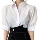 thumbnail image 1 of Women Half Sleeve Shirts Lapel V-Neck Button Down Back Pleated Blouse Solid Color Office Lady Irregular Loose Crop Top White, 1 of 4