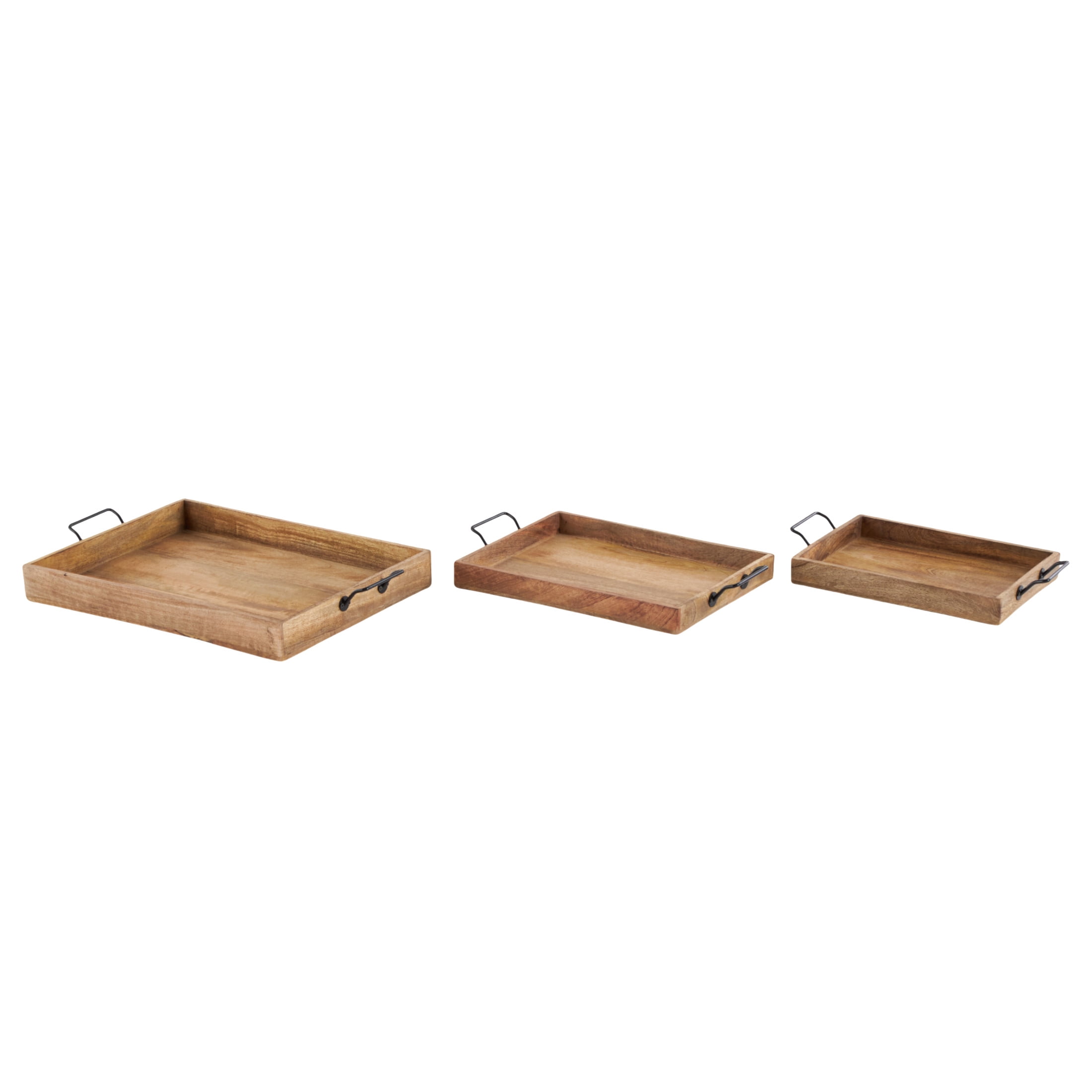 DecMode 17", 20", 24"W Brown Mango Wood Rectangular Tray with Black Metal Handles, 3-Pieces