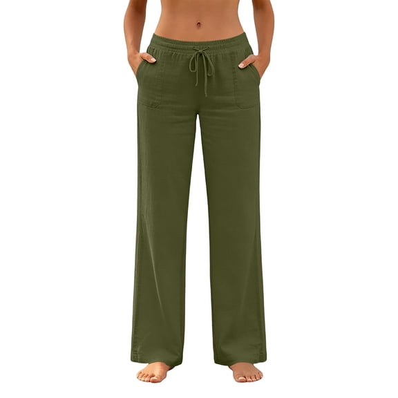 Wutalume Women's Casual Lightweight Linen Pants - with Drawstring Waist and Pockets, Loose Trousers for Summer, Beach, Travel, Breathable Airy Fabric, Perfect Summer Pants for Women,Army Green L