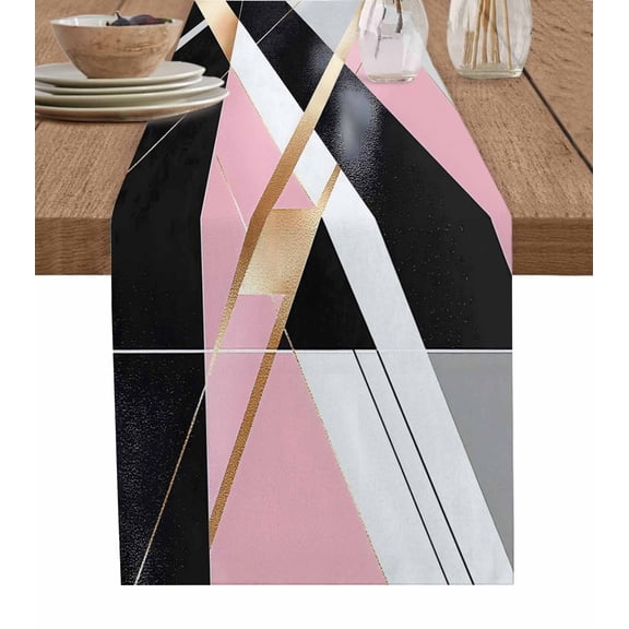 Ldtrchee Pink Black Table Runner 48 Inches, Contemporary Abstract Geometric Golden Stripe Bed Runner Dresser Scarves Tabletop for Indoor Outdoor Parties/Ceremony/Banquet, 13" x 48"
