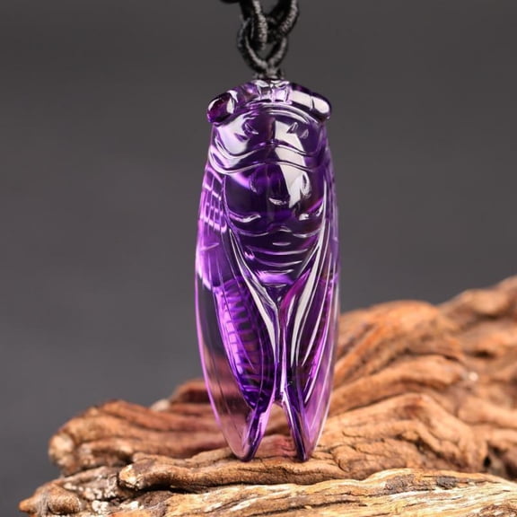 Amethyst Cicada Pendant Necklace Handmade Unisex Sweater Chain Jewelry Luck Charm Natural Stone Accessory for Men Women