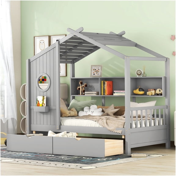 Twin Size Storage Platform Bed with Shelf, Gray Wood Frame Modern Bedroom Furniture