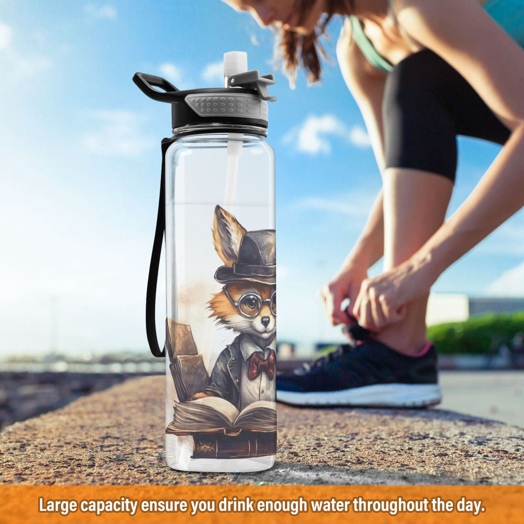 Fox Glasses Book Hat Suit Sports Water Bottle Portable Travel Mug 32oz BPA Free Leak Proof Straw Transparent Tritan for Gym Yoga Cycling Camping