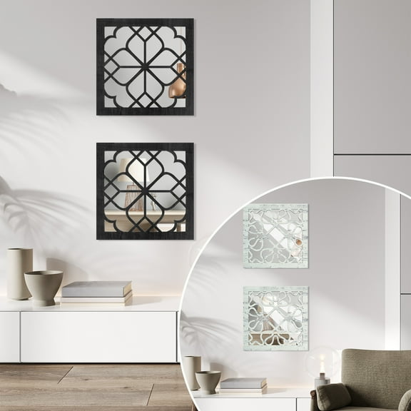 Eummy 2Pcs Square Wall Mirror Decor Decorative Fashion Entry Mirror Vintage Rustic Square Mirror Wall-Mounted Mirrors 30x30cm Wood Wall Mirrors Set