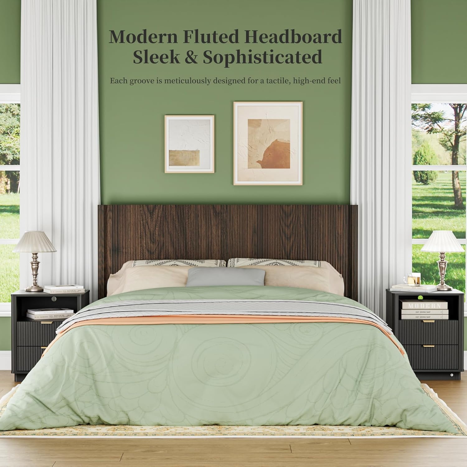Queen Size Headboard Only, Modern Fluted Wall-Mounted Head Board with Lighting, Boho Wood Bed headboard Stylish Bedroom Decor, Espresso