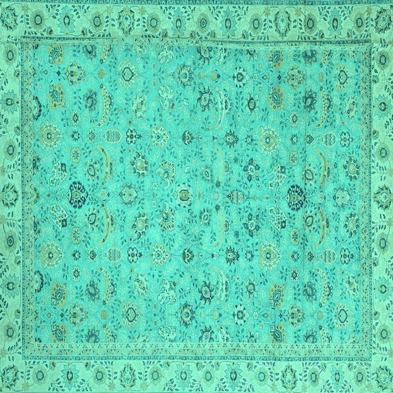 Ahgly Company Machine Washable Indoor Square Oriental Turquoise Blue Traditional Area Rugs, 4' Square