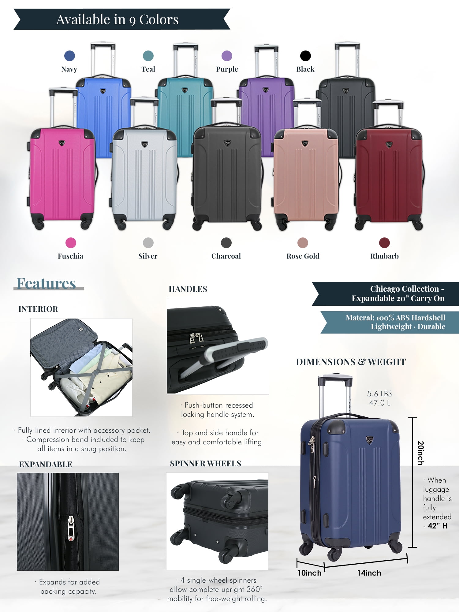 Travelers Club Chicago Hardside Expandable Spinner Luggage, Teal, 20 Carry-On