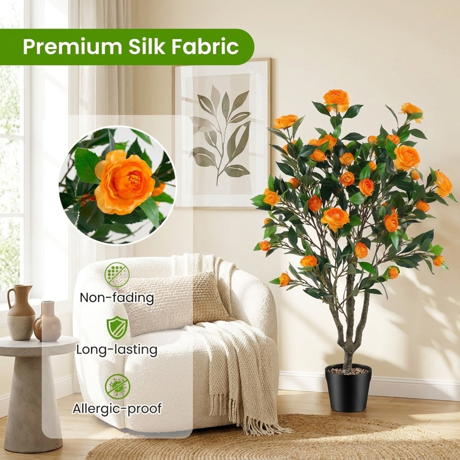 Vebreda 40 in Artificial Camellia Tree, Faux Potted Flowering Plant with 37 Silk Camellias, River Stones, and Cement-Filled Pot, Indoor Home Office Decor, Green
