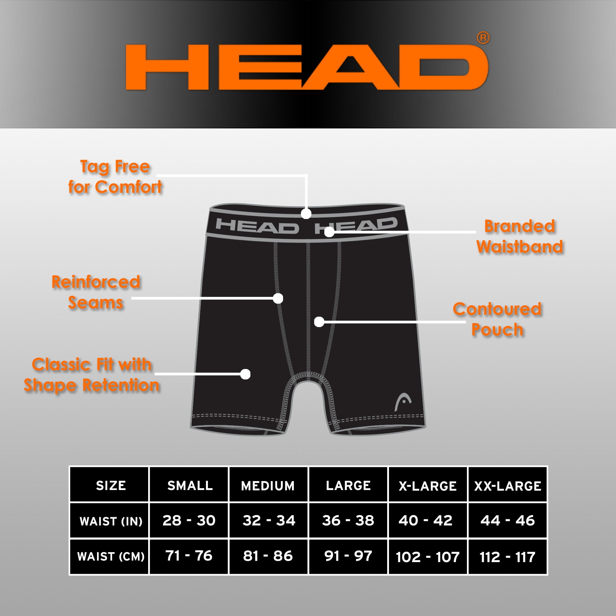 HEAD Men's Boxer Briefs Active Performance Breathable Underwear, Black (6 Per Pack)