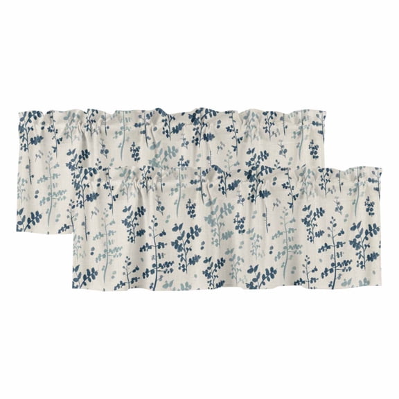 Blue Teal Botanical Valances for Windows, Decorative Rod Pocket Window Valance Curtains, Rustic Country Spring Floral Summer Leaf Short Curtain Drapes for Kitchen/Living Room, 2 Panels, 42" W x 18" L
