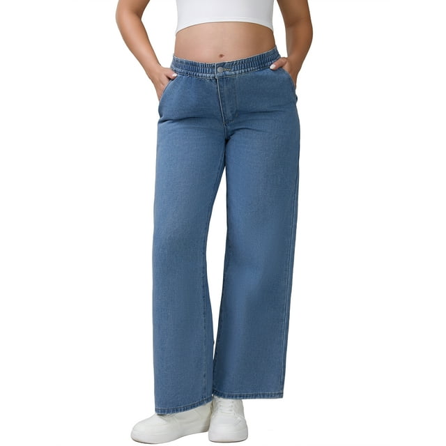 Jeans de maternidad de la mujer INSPIRE CHIC para el Día de la Madre, con cintura elástica, pierna ancha, pantalones de mezclilla sueltos largos con bolsillos, talla L, color azul
