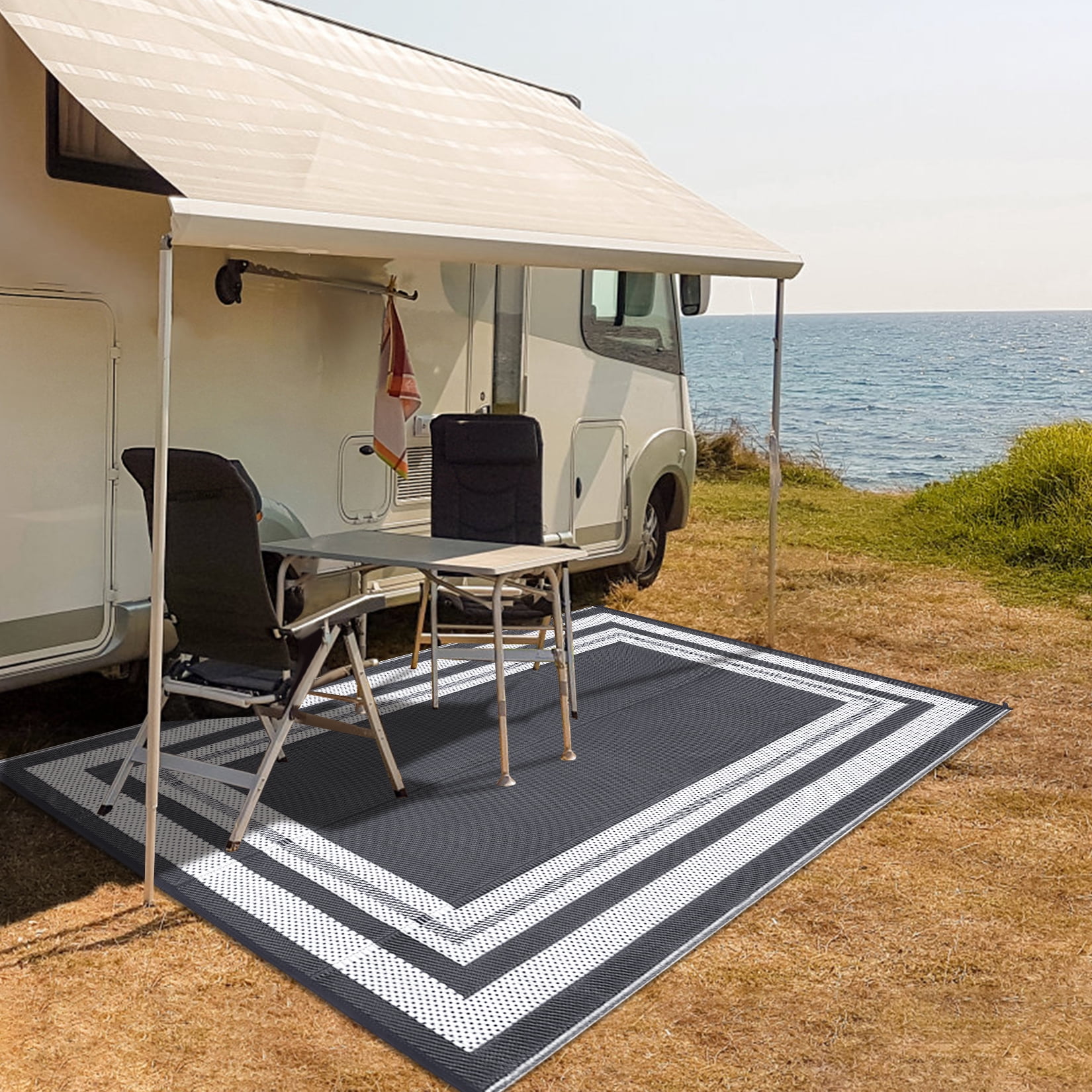 FairOnly 9'x12'Modern Outdoor Rugs Stain Resistant Portable Carpet for RV Trip Beach