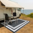 thumbnail image 2 of GlowSol 9'x12' Outdoor Rug Plastic Patio Rug Plastic Straw Waterproof Rug Modern Bordered Reversible Camper Rug for RV Backyard Deck Picnic Beach, Gray White, 2 of 8