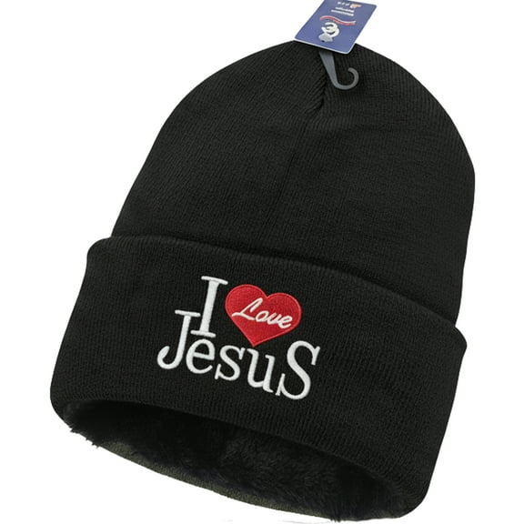I Love Jesus Beanie Hat – Fleece-Lined Knit Winter Cap with Embroidered Christian Design, Unisex, Black