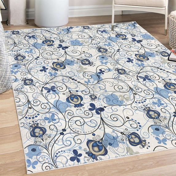 Floral Decorative Rug, Abstract Dreamy Illustration of Flowers and Butterflies Swirling Design Branches, Quality Carpet for Bedroom Dorm and Living Room, 6 Sizes, Cobalt Blue, by Ambesonne