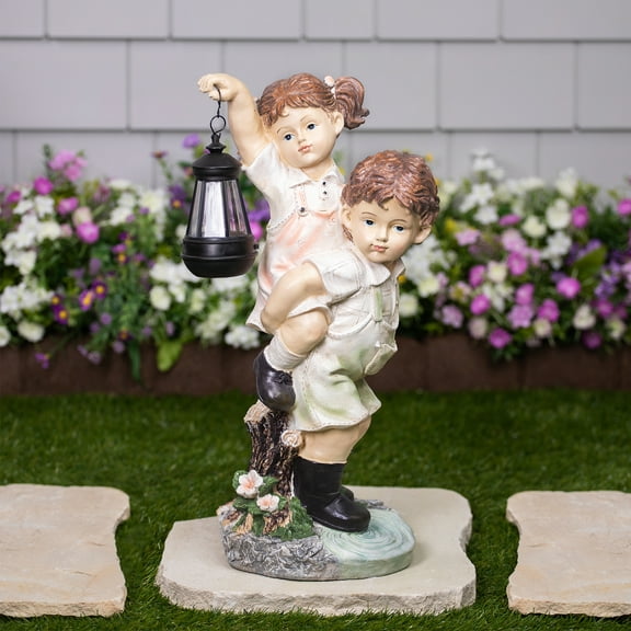 Northlight LED Solar Lighted Boy and Girl with Lantern Outdoor Garden Statue - 19.5"