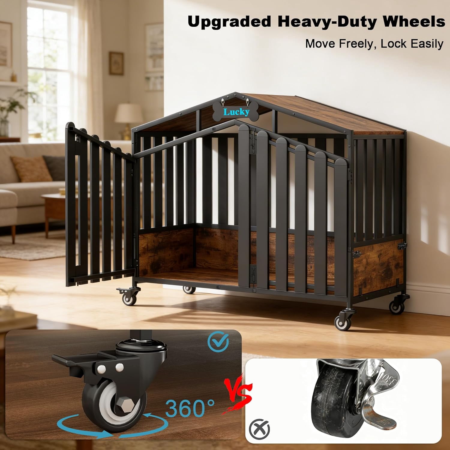 POAO 48"Heavy Duty Dog Crate Furniture for Large Dogs(Over 60lb), Dog Kennel Indoor with 360° Wheels, Dog House with Feeding Window and Name Tag
