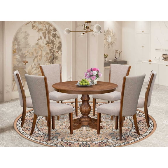East West Furniture Ferris 7 Piece Round Dinette Set in Walnut Finish