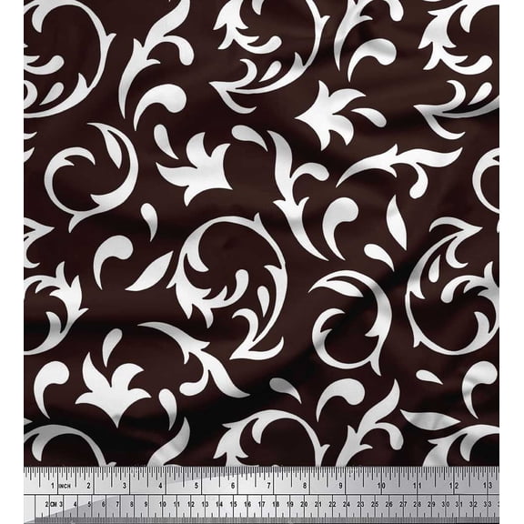 Soimoi Brown Cotton Duck Fabric Filigree Damask Print Sewing Fabric Yard 42 Inch Wide