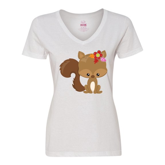 Inktastic Cute Squirrel, Squirrel With Flowers, Fluffy Tail Women's V-Neck T-Shirt