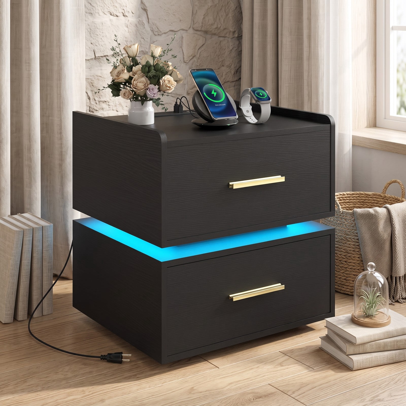 Furnibear LED Nightstand with Charging Station and 2 Storage Drawers, RGB Bedside Table with Semi-floating Design for Bedroom, Black
