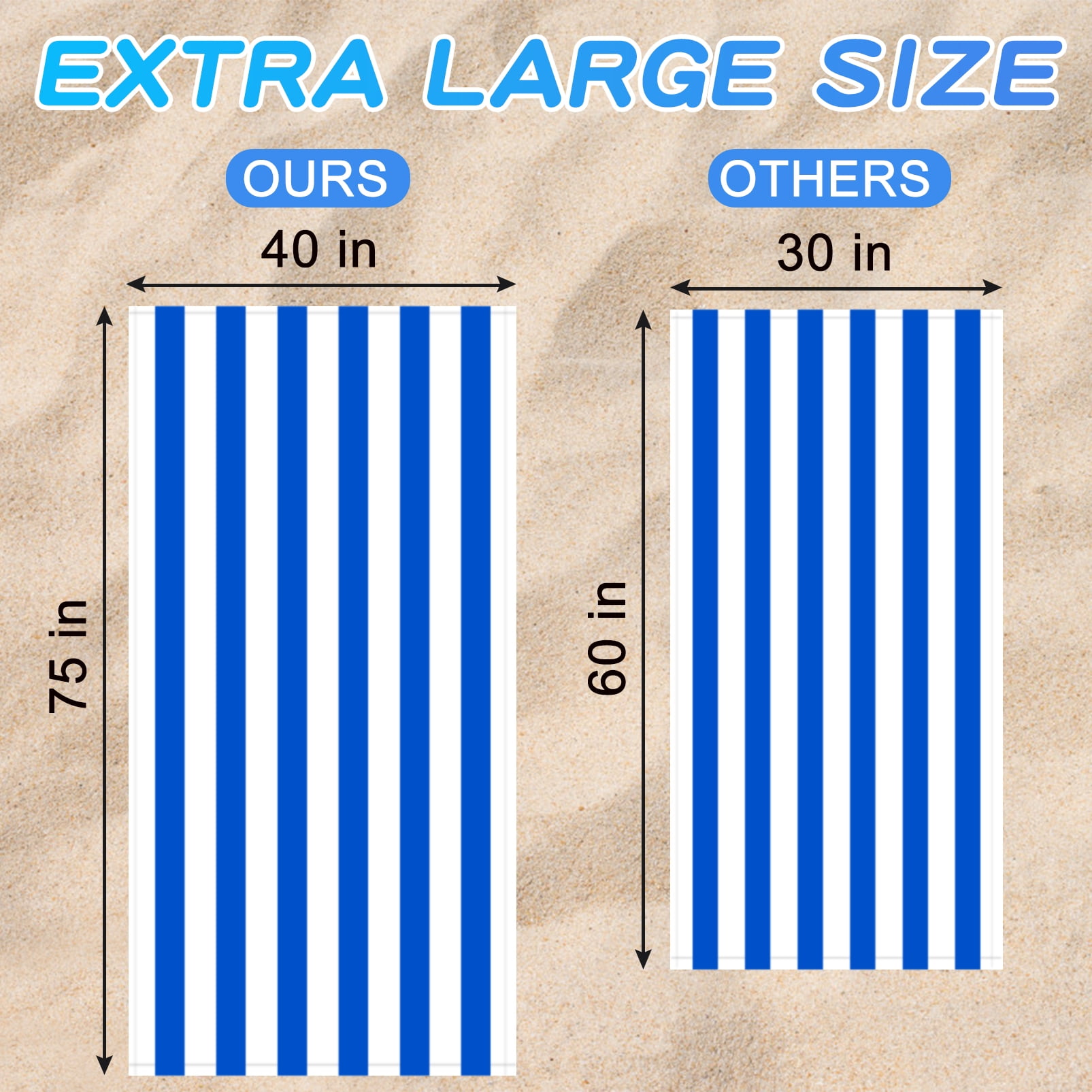 6 Pack Microfiber Cabana Stripe Beach Towel , Oversized Sand Free Quick Dry Super Absorbent Soft Plush Pool Towel , 72in x 36in Extra Large Outdoor Travel Towels