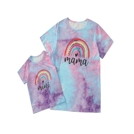 

Spring hue Parent-child Tie-Dyed Rainbow Letter Print O-Neck Short Sleeve Tops