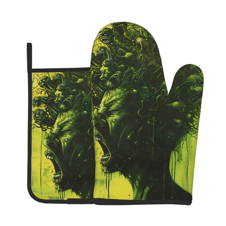

Vsdgher Screaming Horror Art Oven Mitts and Pot Holders 2 pcs Set High Heat Resistant Kitchen Oven Glove for Baking and Cooking
