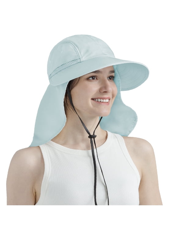 Women Sun Hat Neck Flap Cover, UV Protection Wide Brim Fishing Hat, Ponytail Hole Hiking Hat, Foldable Beach Cap Gardening Camping Outdoor Safari Sun Hat, Summer Travel Gifts UPF 50+, Blue
