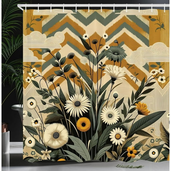Spring Shower Curtain, Easter Bunnies Rabbits in Floral Scene Flowers with Butterflies, Cloth Fabric Bathroom Decor Set with Hooks, 60x72in