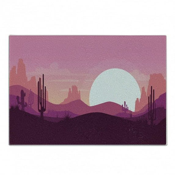 Landscape Cutting Board, Cartoon Style Desert with Mountains Dunes and Cactus Silhouettes Arizona Sundown, Decorative Tempered Glass Cutting and Serving Board, Small Size, Multicolor, by Ambesonne