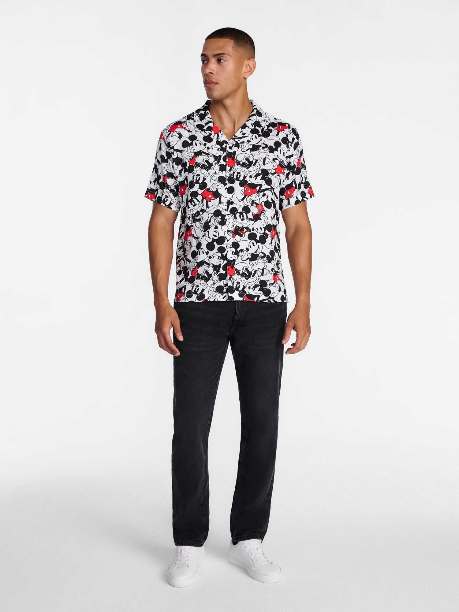 Disney Men's and Big Men's Mickey Crowd Graphic Button Up Shirt with Short Sleeves, Sizes S-4XL