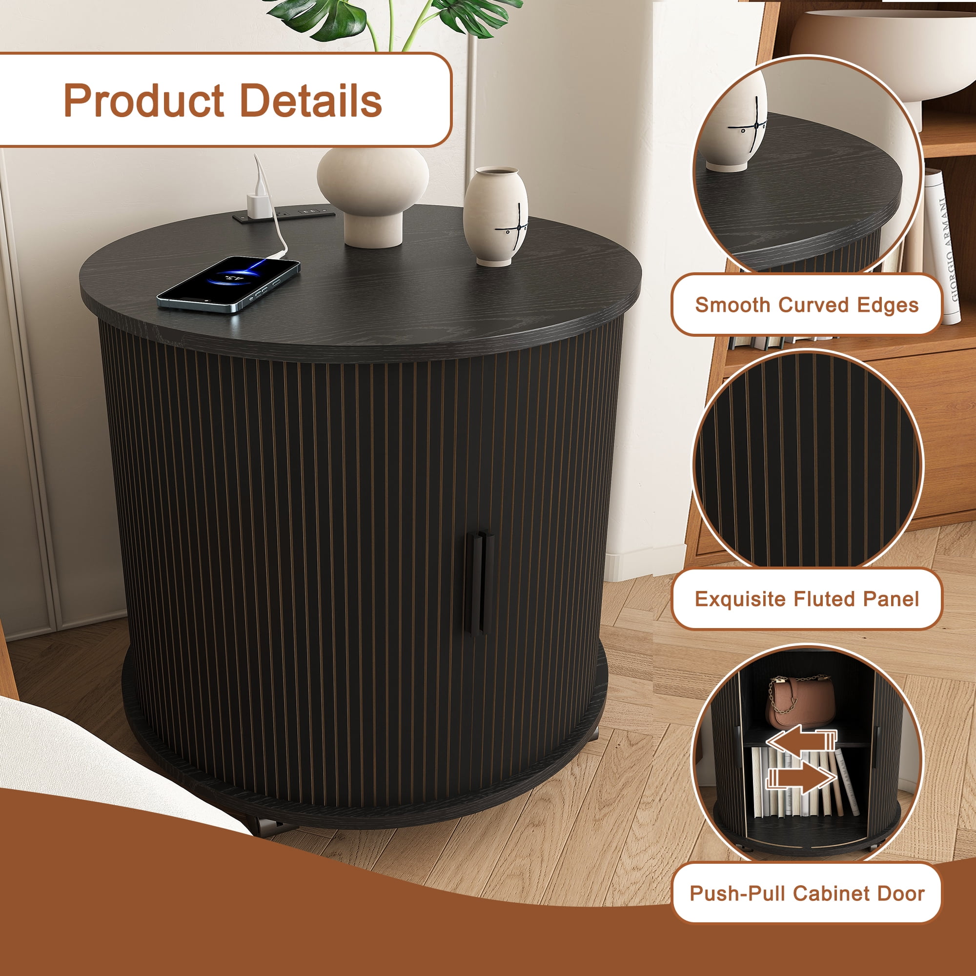 Cylinder End Table with Built-in Charging Station & Sliding Door, 2-Tier Storage Round Nightstand with USB Ports, Bedside Table for Living Room, Bedroom, Entryway