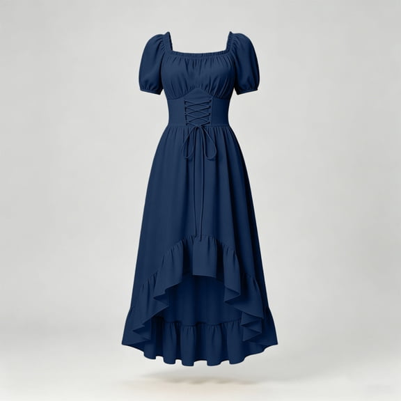 BRGZLK Renaissance Dress for Women Trendy Puff Short Sleeve Square Neck Medieval Corset Dresses Solid Color High Low Ruffle Hem Flowy Dress Navy L