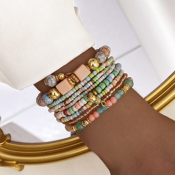 8pcs 8 styles Glass Seeded Beaded Stretch Bracelet set Stackable Bracelet for Women with Alloy Colorful 2-3/8 inch(6cm)