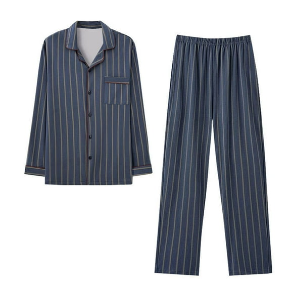 KyCheLot Mens Pajamas Set Classic Stripe Button down Long Sleeve Tops and Mid Waist Loose Trousers Daily Home Set