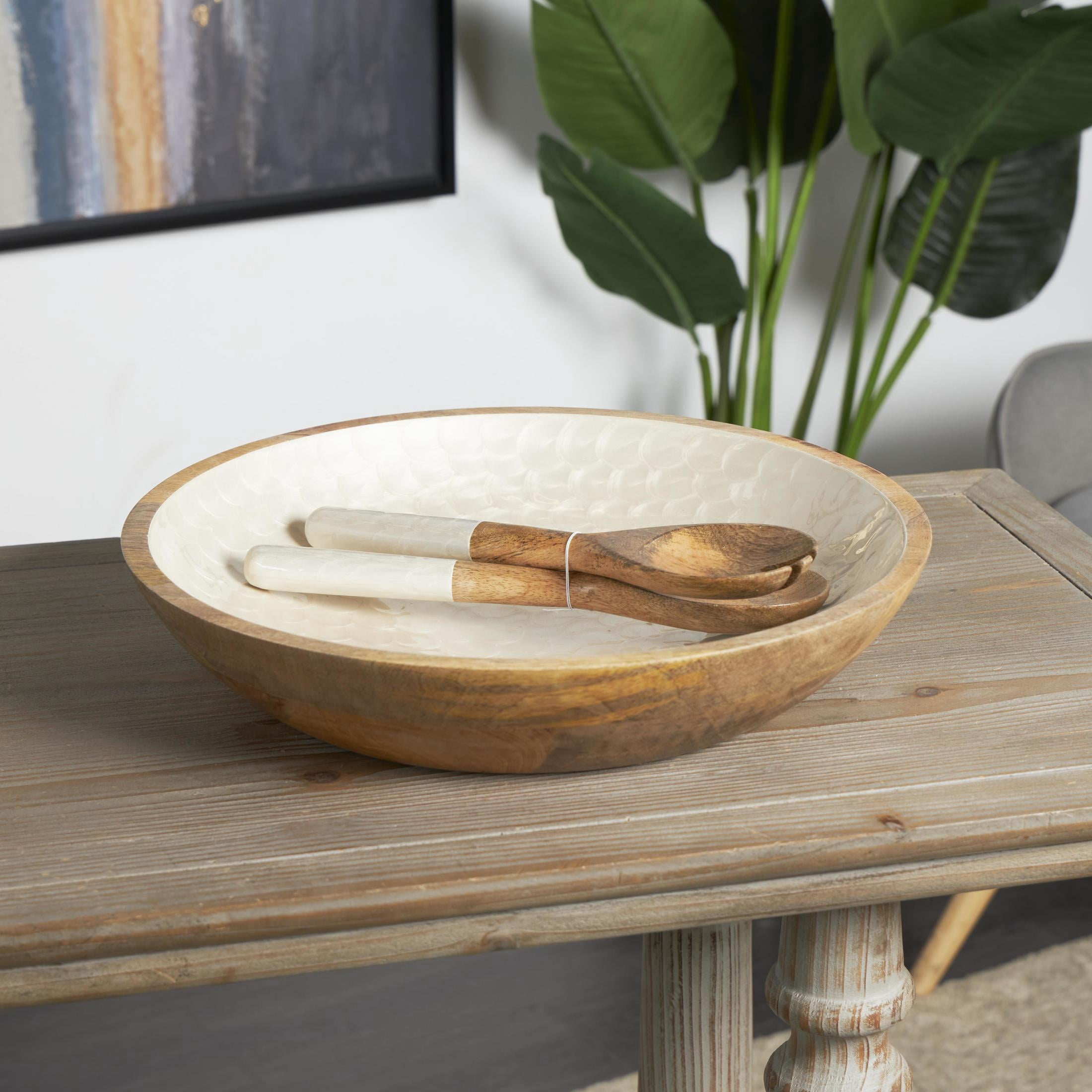 DecMode 15", 11", 11"W Handmade Round Utensils Cream Mango Wood Decorative Bowl with White Interior, Set of 3