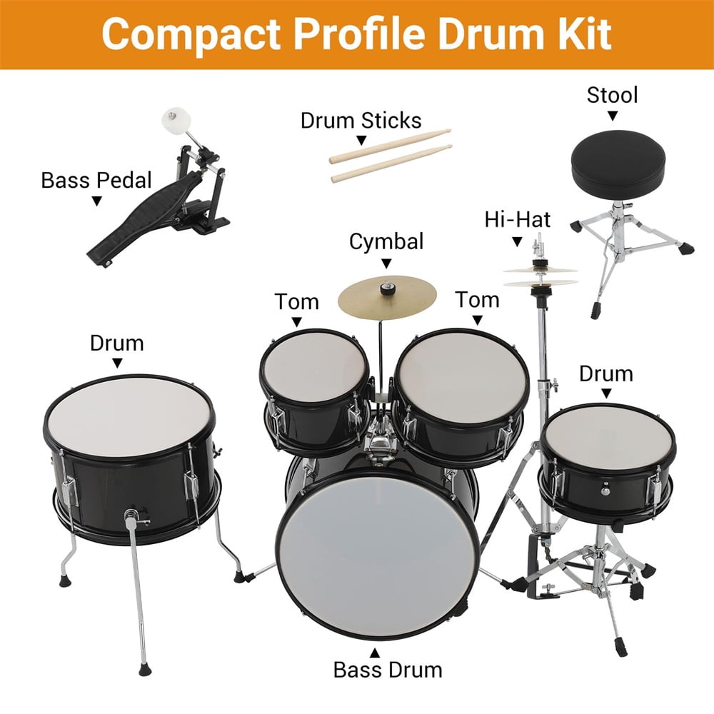 5 Piece Kids Drum Set, Junior Drum Kit with Bass Drum, Tom, Snare Drum, Hi-Hat, Cymbal and Drum Pedal, Full 16in Youth Drum Set with Drumsticks and Drum Stool for Boys and Girls