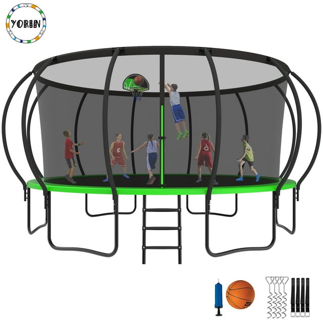 YORIN Trampoline pour 10 Enfants, Trampoline de 16 Pi pour Adultes avec Filet de Protection, Panier de Basketball, Échelle, Capacité de Poids de 1500 Lb, Trampoline Récréatif Extérieur, Trampoline Robuste