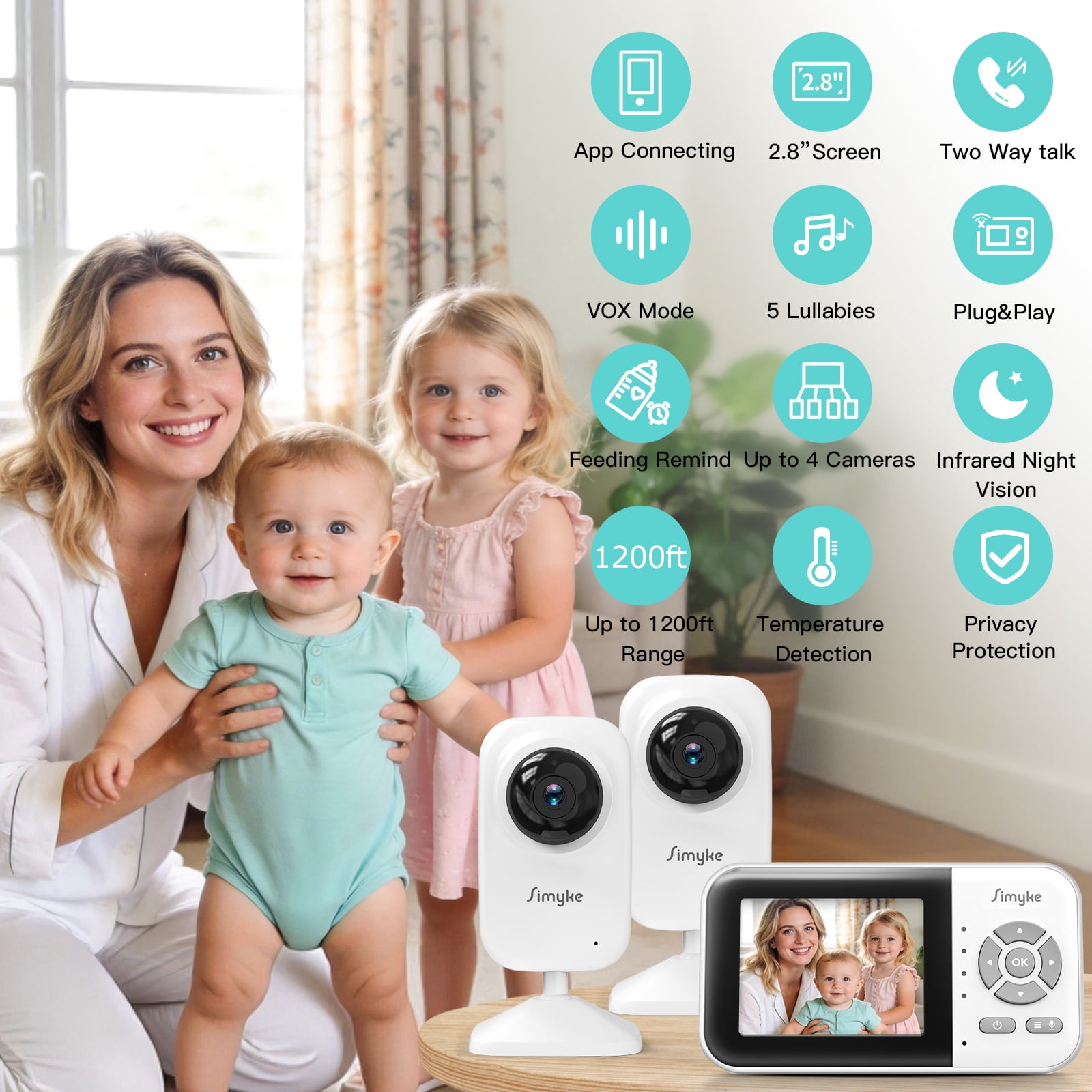 Simyke Dual Camera Video Baby Monitor, 2.8" LCD, Wireless, Night Vision, 2-Way Audio, App Access, 1200ft Range, Feeding Timer, Temperature Sensor, Portable for Home Use