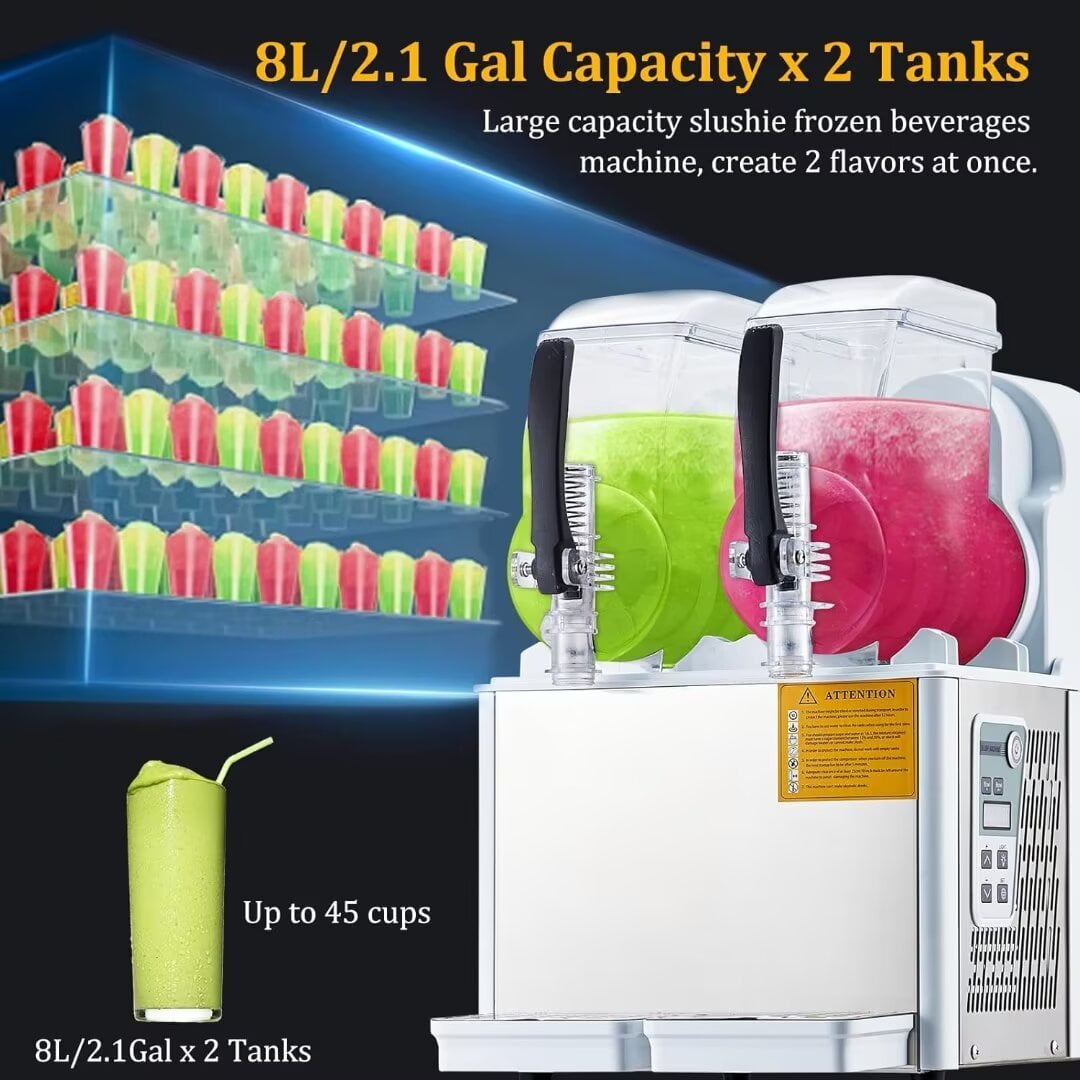 Commercial Slushy Machine, 4Lx2 Tank Stainless Steel Slushy Machine, Smoothie Frozen Drink Maker for Supermarkets Cafes Restaurants Bars