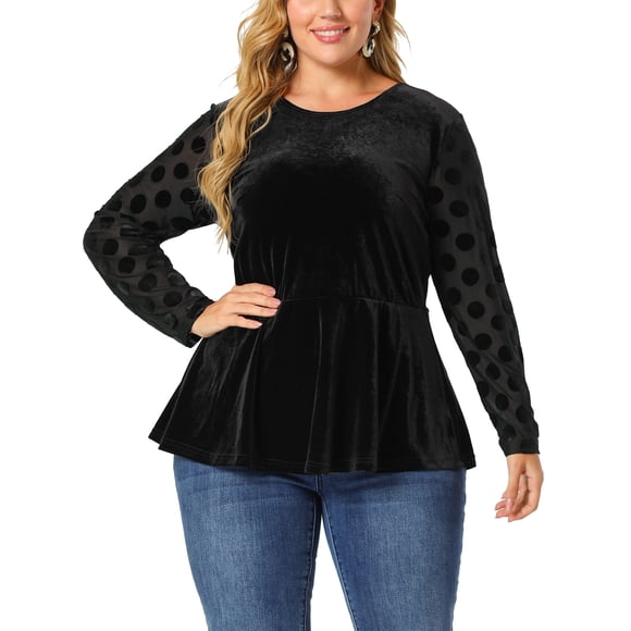 Plus Size Peplum Top for Women PolDots Sheer Puff Sleeve Velvet Top Black 4X