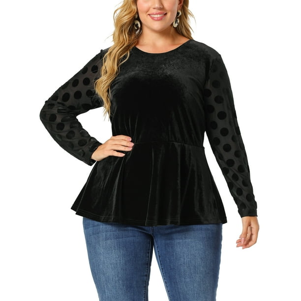 Plus Size Peplum Top for Women PolDots Sheer Puff Sleeve Velvet Top Black 3X
